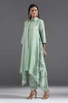 Two Sisters By Gyans_Green Silk Collared Asymmetric Kurta With Pant _Online_at_Aza_Fashions