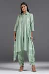 Buy_Two Sisters By Gyans_Green Silk Collared Asymmetric Kurta With Pant _at_Aza_Fashions
