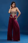Buy_Tarun Tahiliani_Wine Sweetheart Neck Embroidered Corset And Trouser Set _at_Aza_Fashions