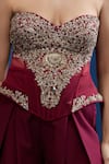 Tarun Tahiliani_Wine Sweetheart Neck Embroidered Corset And Trouser Set _at_Aza_Fashions