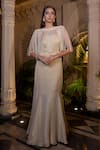 Buy_Farha Syed_Ivory Tissue, Chiffon Pearls, Sequins Round Neck Beige Fishcut Gown With Cape _at_Aza_Fashions