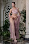 Buy_Farha Syed_Peach Net, Chiffon Sequins, Zari, Pearls V-neck Pink Embellished Sharara Set _at_Aza_Fashions