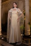 Buy_Farha Syed_Ivory Tissue, Chiffon Zari Round Neck Beige Designer Gown And Cape Set _at_Aza_Fashions