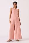 Buy_The Summer House_Pink Handloom Cotton, Twill Round Neck Vronsky Handwoven Jumpsuit _at_Aza_Fashions