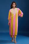 Buy_Archana Shah_Pink Tassels Round Neck Striped Embroidered Yoke Kaftan And Pant Set _at_Aza_Fashions
