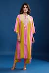 Archana Shah_Pink Tassels Round Neck Striped Embroidered Yoke Kaftan And Pant Set _Online_at_Aza_Fashions