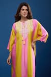 Shop_Archana Shah_Pink Tassels Round Neck Striped Embroidered Yoke Kaftan And Pant Set _Online_at_Aza_Fashions
