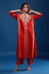 Buy_Archana Shah_Rust Tassels Round Neck Striped Gold Embroidered Yoke Kaftan And Pant Set _Online_at_Aza_Fashions