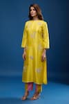 Archana Shah_Yellow Silk Embroidery Round Neck Kurta With Striped Pant _Online_at_Aza_Fashions