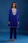 Archana Shah_Blue Silk Embroidery Round Neck Yoke Short Anarkali Set _Online_at_Aza_Fashions