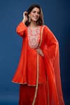 Shop_Archana Shah_Orange Silk Embroidery Round Neck Yoke Short Anarkali Set _Online_at_Aza_Fashions