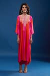 Archana Shah_Pink Tassels Round Neck Striped Embroidered Yoke Kaftan And Pant Set _Online_at_Aza_Fashions