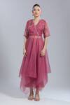 Mandira Wirk - Indian_Pink Embroidery V-neck Asymmetric Anarkali Set _Online_at_Aza_Fashions