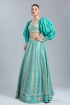 Shop Show Shaa Blue Embroidery Sweetheart Neck Floral Print Lehenga And Blouse Set Online at Aza Fashions Shop_Show Shaa_Blue Embroidery Sweetheart Neck Floral Print Lehenga And Blouse Set _Online_at_Aza_Fashions
