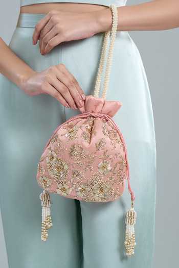 Shop_Nazaakat By Samara Singh_Pink Zari Pastel Hand Embroidered Potli Bag _Online_at_Aza_Fashions