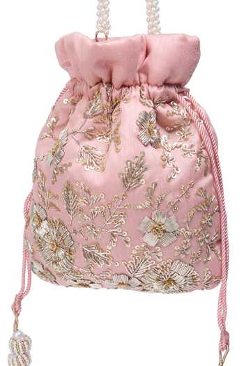 Nazaakat By Samara Singh_Pink Zari Pastel Hand Embroidered Potli Bag _at_Aza_Fashions