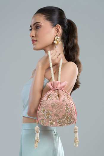 Buy_Nazaakat By Samara Singh_Pink Zari Pastel Hand Embroidered Potli Bag _at_Aza_Fashions