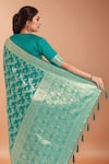 Shop_Samyukta Singhania_Turquoise Zari Round Neck Woven Banarasi Silk Saree With Blouse _Online_at_Aza_Fashions