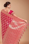Buy_Samyukta Singhania_Pink Tassels, Zari V-neck Woven Banarasi Silk Saree With Blouse _Online_at_Aza_Fashions