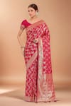 Buy_Samyukta Singhania_Pink Tassels, Zari V-neck Woven Banarasi Silk Saree With Blouse _at_Aza_Fashions