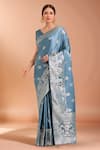 Buy_Samyukta Singhania_Blue Zari V-neck Woven Banarasi Silk Saree With Blouse _at_Aza_Fashions