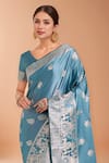 Samyukta Singhania_Blue Zari V-neck Woven Banarasi Silk Saree With Blouse _at_Aza_Fashions