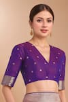 Samyukta Singhania_Purple Embroidery, Zari V-neck Woven Banarasi Silk Saree With Blouse _Online_at_Aza_Fashions