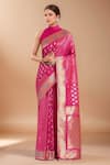 Buy_Samyukta Singhania_Pink Embroidery High Neck Zari Woven Banarasi Silk Saree With Blouse _at_Aza_Fashions