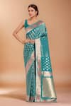 Buy_Samyukta Singhania_Blue Embroidery Round Neck Zari Woven Banarasi Silk Saree With Blouse _at_Aza_Fashions