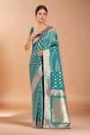 Shop_Samyukta Singhania_Blue Embroidery Round Neck Zari Woven Banarasi Silk Saree With Blouse _Online_at_Aza_Fashions