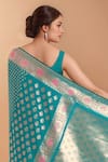 Samyukta Singhania_Blue Embroidery Round Neck Zari Woven Banarasi Silk Saree With Blouse _at_Aza_Fashions