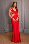 Buy_Ritika Verma_Red Satin Embroidery, Cut Work Plunge Zehra Fishcut Pre-draped Saree With Blouse _Online_at_Aza_Fashions
