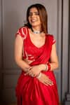 Shop_Ritika Verma_Red Satin Embroidery, Cut Work Plunge Zehra Fishcut Pre-draped Saree With Blouse _Online_at_Aza_Fashions