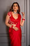 Ritika Verma_Red Satin Embroidery, Cut Work Plunge Zehra Fishcut Pre-draped Saree With Blouse _at_Aza_Fashions