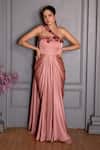 Buy_Ritika Verma_Rose Gold Fabric Flowers One Shoulder Nazm Draped Saree Gown _at_Aza_Fashions