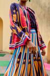 Swati Vijaivargie_Blue Linen, Satin Round Neck Color Block Jacket Lehenga Set _Online_at_Aza_Fashions