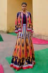 Buy_Swati Vijaivargie_Blue Linen, Satin Round Neck Color Block Jacket Lehenga Set _at_Aza_Fashions