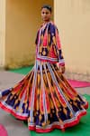 Buy_Swati Vijaivargie_Blue Linen, Satin Round Neck Color Block Jacket Lehenga Set _Online_at_Aza_Fashions