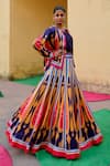 Shop_Swati Vijaivargie_Blue Linen, Satin Round Neck Color Block Jacket Lehenga Set _Online_at_Aza_Fashions