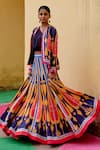 Swati Vijaivargie_Blue Linen, Satin Round Neck Color Block Jacket Lehenga Set _at_Aza_Fashions