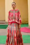 Buy_Swati Vijaivargie_Red Linen, Satin Round Neck Color Block Cape Lehenga Set 