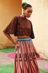 Swati Vijaivargie_Brown Linen, Satin Embroidery Round Neck Polka Dot Pattern Top With Lehenga _Online_at_Aza_Fashions