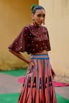Buy_Swati Vijaivargie_Brown Linen, Satin Embroidery Round Neck Polka Dot Pattern Top With Lehenga _Online_at_Aza_Fashions