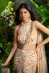 Shop_Aza X Shilpa Shetty Kundra_Yellow Modal, Satin, Chiffon Striped Animal Print Pre-draped Saree With Blouse _Online_at_Aza_Fashions