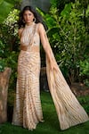 Aza X Shilpa Shetty Kundra_Yellow Modal, Satin, Chiffon Striped Animal Print Pre-draped Saree With Blouse _at_Aza_Fashions