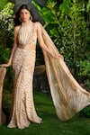 Buy_Aza X Shilpa Shetty Kundra_Yellow Modal, Satin, Chiffon Striped Animal Print Pre-draped Saree With Blouse _at_Aza_Fashions