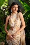 Aza X Shilpa Shetty Kundra_Yellow Modal, Satin, Chiffon Striped Animal Print Pre-draped Saree With Blouse _Online