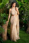 Buy_Aza X Shilpa Shetty Kundra_Yellow Modal, Satin, Chiffon Striped Animal Print Pre-draped Saree With Blouse _Online