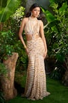 Shop_Aza X Shilpa Shetty Kundra_Yellow Modal, Satin, Chiffon Striped Animal Print Pre-draped Saree With Blouse _Online