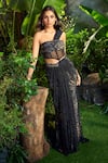 Aza X Shilpa Shetty Kundra_Black Mesh, Viscose, Crepe Embroidery, Hand Draped Saree Skirt With Corset _Online_at_Aza_Fashions